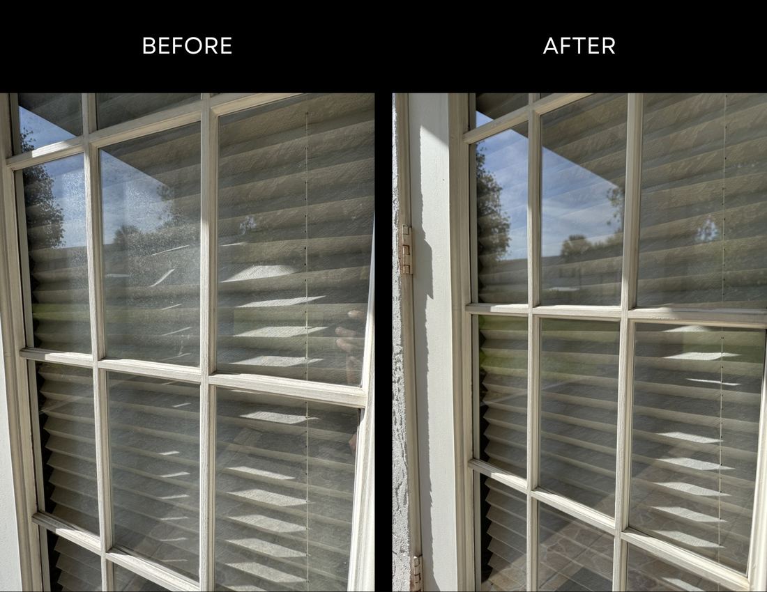 Before and after cleaning of French doors with divided-light glass panes